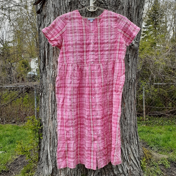 Only Necessities 90s Style Pink Plaid Pearlized Snap Front Maxi Dress 22… - Picture 2 of 14